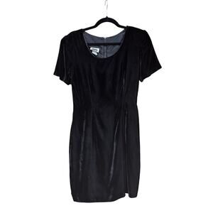 Vintage 1980s CFTC Studio Black Velvet Mini Dress LBD Kick Pleat AS IS Large